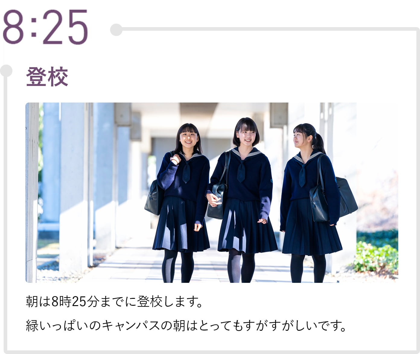 8:25 登校 朝は8時25分までに登校します。緑いっぱいのキャンパスの朝はとってもすがすがしいです。